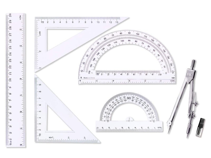 OaaXbbECco oxe Student Math Geometry Set,Drawing Compass 4 Inch and 6 Inch Clear Math Protractor Triangle Ruler 30/60 45/90 Degree and 8 Inch Ruler,Set of 6 Pcs - Image 1